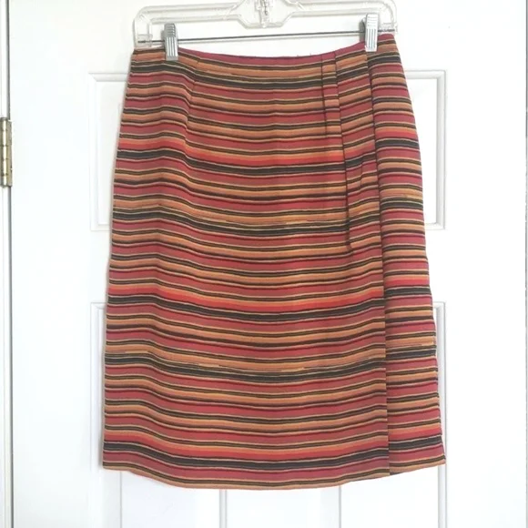 Vintage 80s CHAUS Wrap Skirt Red Black Orange Yellow Painterly Stripe - Picture 2 of 11